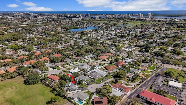 aerial view featuring a water view