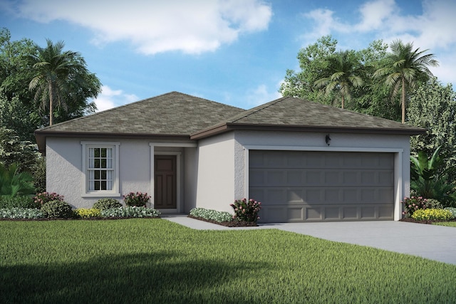 ranch-style house featuring an attached garage, roof with shingles, a front yard, and stucco siding