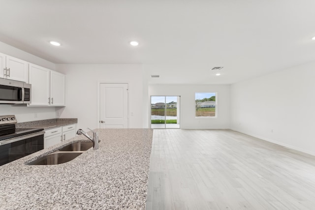 kitchen with stainless steel appliances, visible vents, white cabinetry, a sink, and light stone countertops