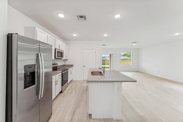 kitchen with a center island with sink, visible vents, appliances with stainless steel finishes, white cabinetry, and a sink