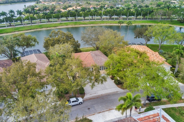 aerial view featuring a water view