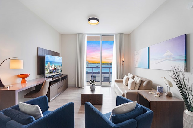 living area featuring a wall of windows and light wood-style flooring