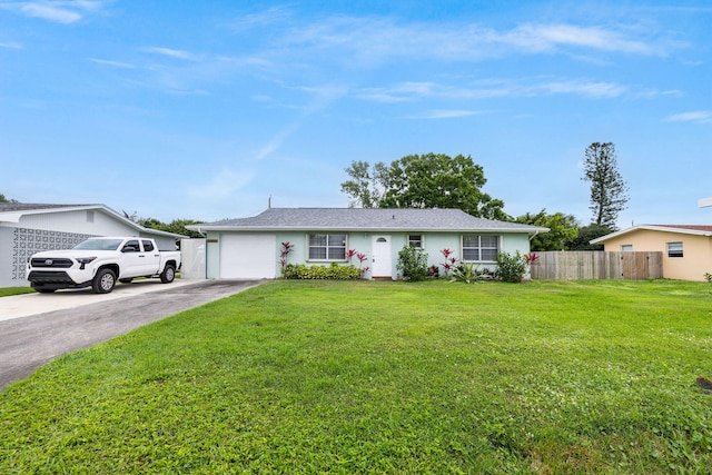 single story home featuring a garage, driveway, a front yard, and fence