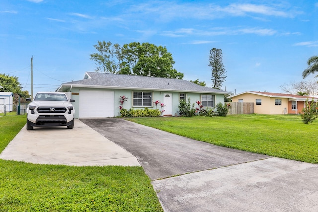 ranch-style home featuring driveway, an attached garage, fence, a front lawn, and stucco siding