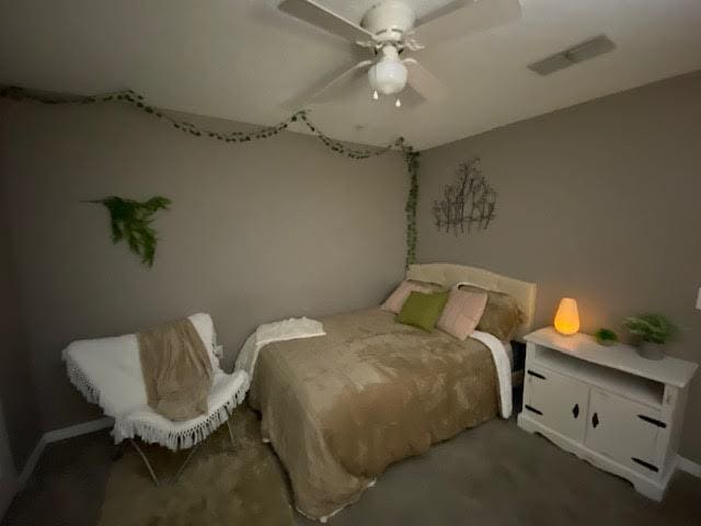 bedroom with ceiling fan and visible vents