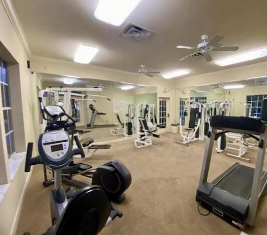 gym featuring crown molding, visible vents, and a ceiling fan