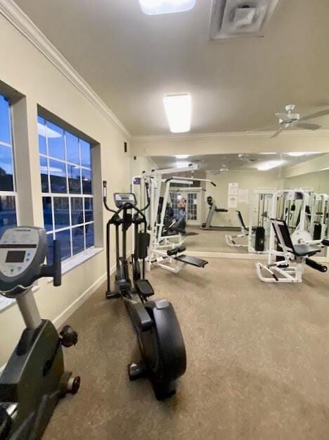 exercise room with ceiling fan, baseboards, and crown molding