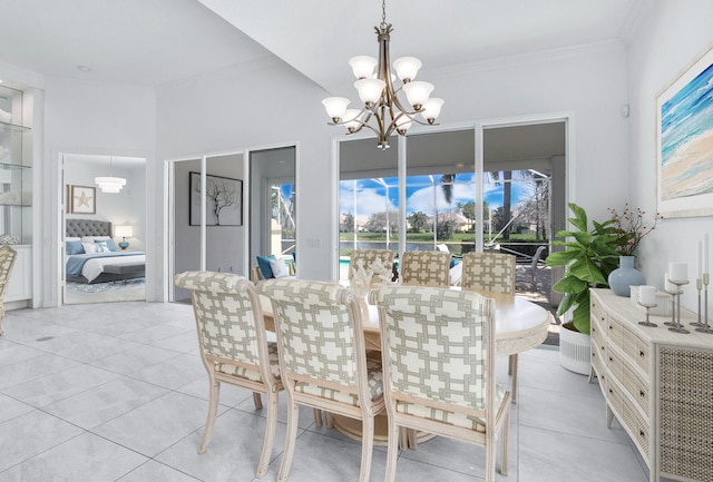 dining space featuring light tile patterned floors, plenty of natural light, ornamental molding, and a notable chandelier