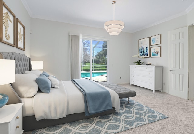 bedroom featuring crown molding, carpet floors, and access to outside