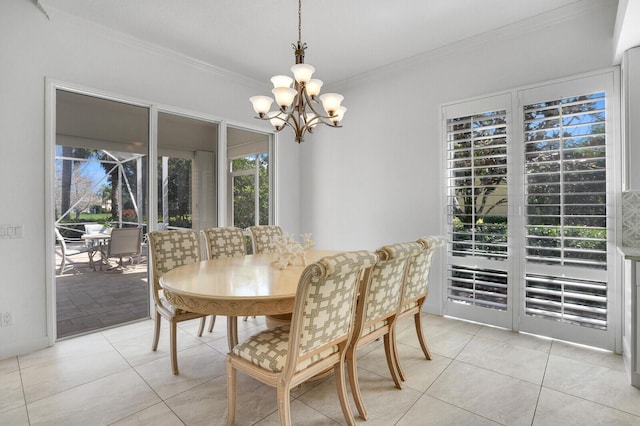 dining area featuring a notable chandelier, light tile patterned flooring, and crown molding