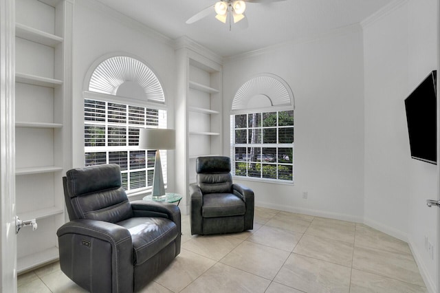 living area featuring built in features, ornamental molding, baseboards, and light tile patterned floors