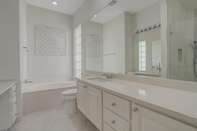 bathroom featuring toilet, plenty of natural light, a bath, and vanity