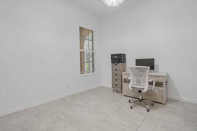 unfurnished office featuring light tile patterned flooring, crown molding, and baseboards