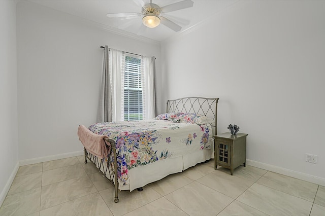 bedroom with ceiling fan, baseboards, crown molding, and light tile patterned flooring