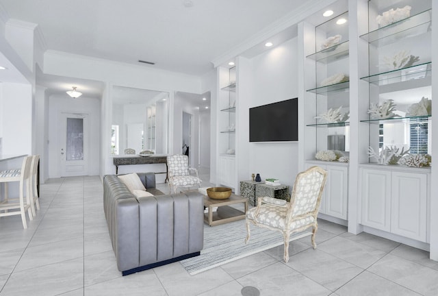 living room with recessed lighting, ornamental molding, light tile patterned flooring, and built in shelves