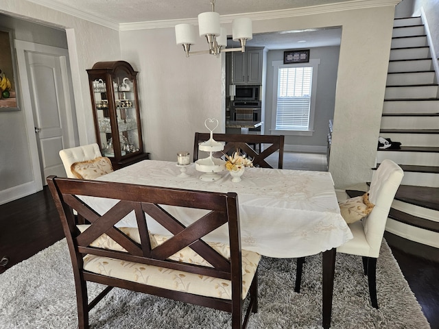 dining room featuring a chandelier, baseboards, stairs, dark wood-style floors, and crown molding