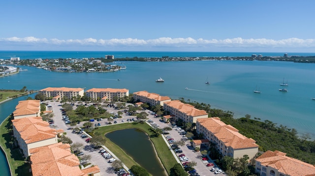 drone / aerial view with a water view