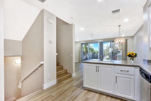 kitchen featuring white cabinets, a sink, visible vents, and stainless steel dishwasher