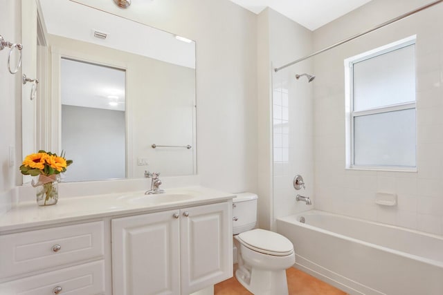 bathroom featuring toilet, shower / bath combination, vanity, and visible vents