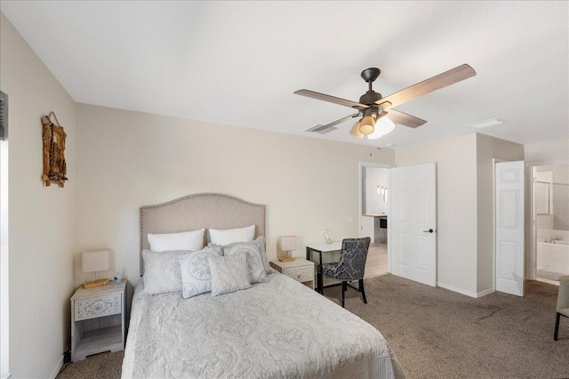 bedroom featuring baseboards, carpet, visible vents, and a ceiling fan