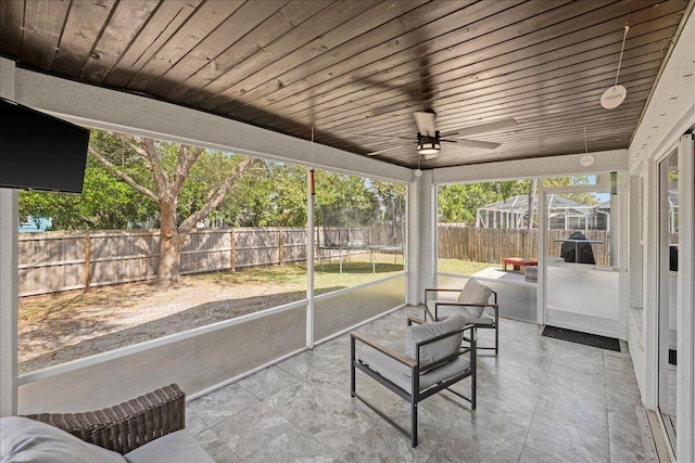 sunroom featuring ceiling fan and wood ceiling