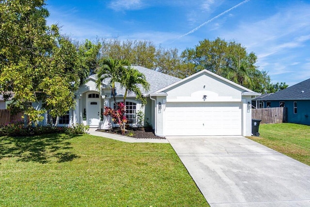 ranch-style house with a garage, fence, concrete driveway, stucco siding, and a front lawn