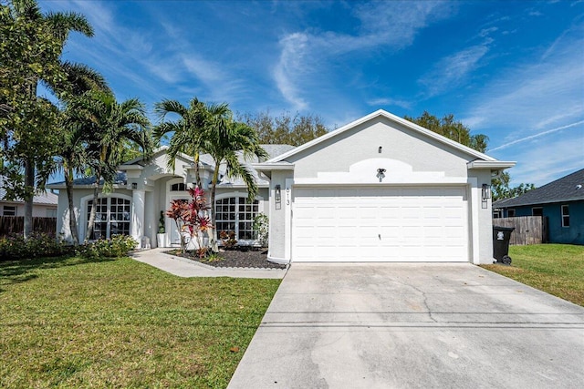 single story home with driveway, a garage, a front lawn, and stucco siding