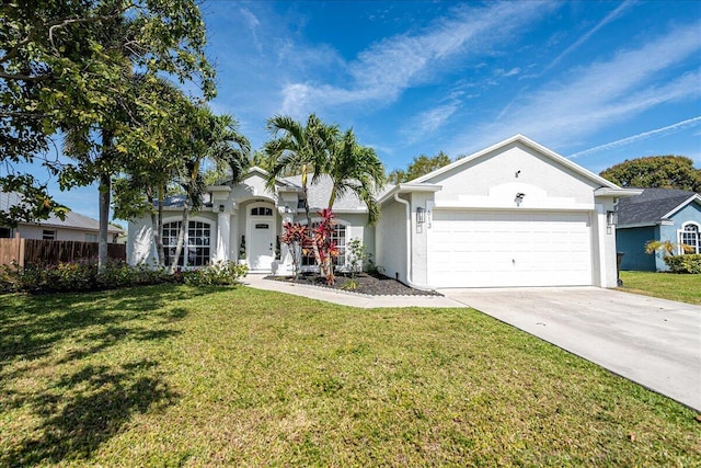 ranch-style home featuring a garage, driveway, a front lawn, and stucco siding