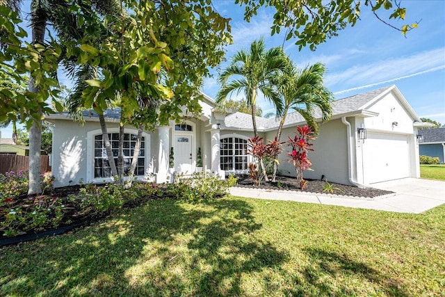 ranch-style house with a garage, a front yard, and stucco siding