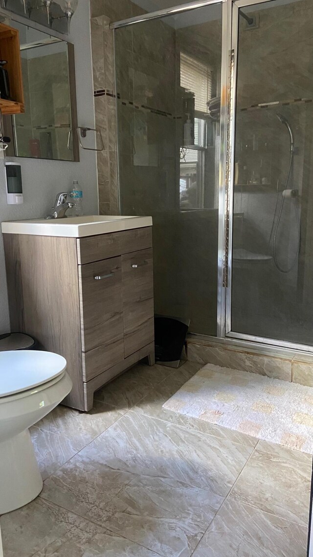 bathroom featuring toilet, a shower stall, and vanity