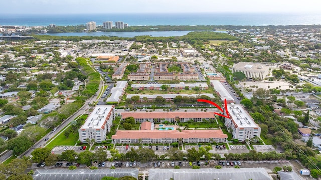 bird's eye view with a water view