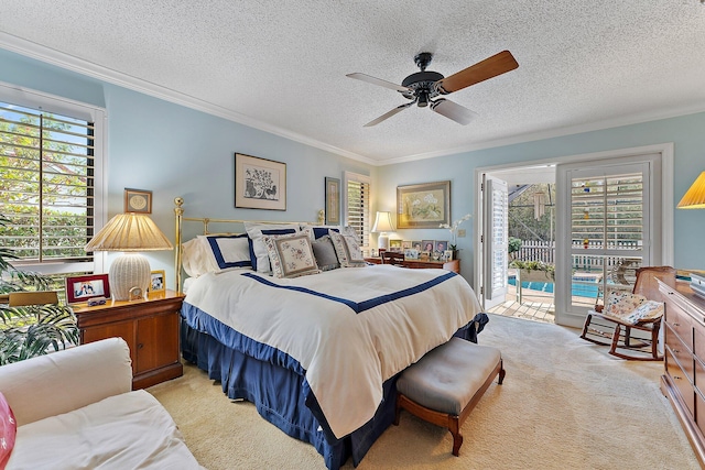 bedroom with access to exterior, light colored carpet, crown molding, and a textured ceiling