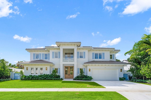 view of front facade with an attached garage, driveway, a front lawn, and stucco siding