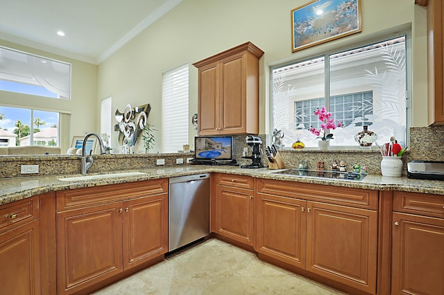 kitchen with dishwasher, light stone counters, a sink, and ornamental molding