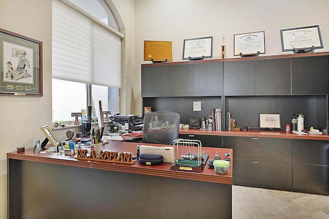 office area with a towering ceiling