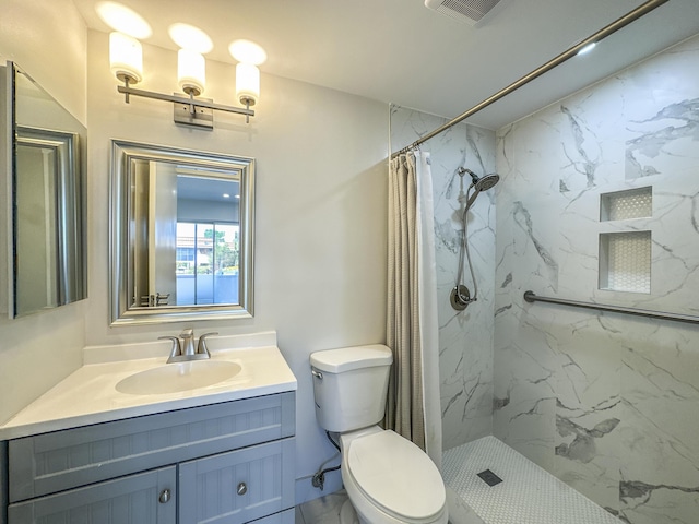 bathroom featuring toilet, vanity, a marble finish shower, and visible vents