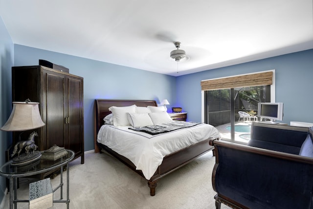 bedroom featuring access to outside, baseboards, ceiling fan, and light colored carpet