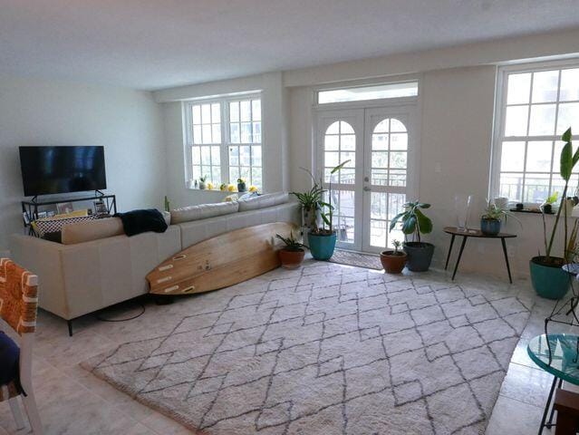 living room with french doors and a healthy amount of sunlight