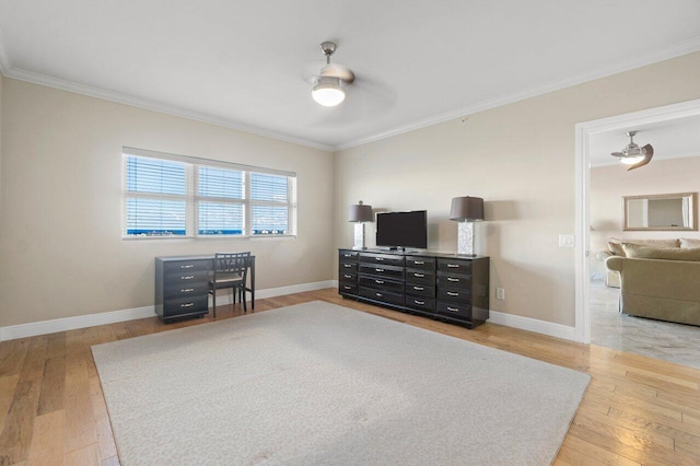 interior space featuring ornamental molding, wood-type flooring, and baseboards