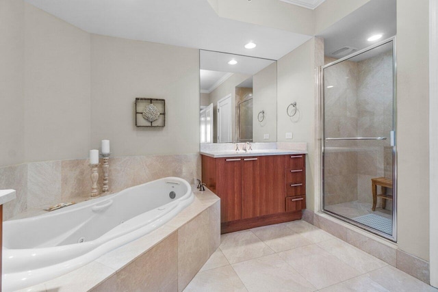 full bath with ornamental molding, a stall shower, vanity, tile patterned flooring, and a jetted tub