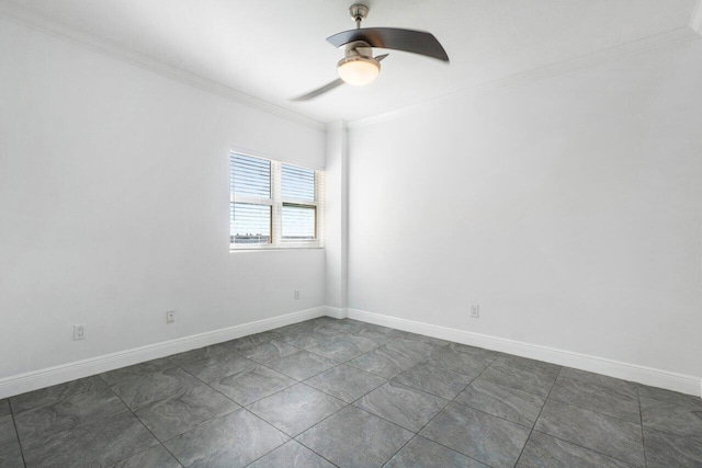 empty room with ceiling fan, baseboards, and crown molding