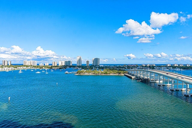 view of water feature with a city view