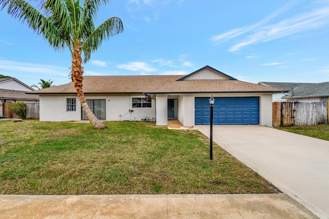 ranch-style house with stucco siding, fence, a garage, driveway, and a front lawn