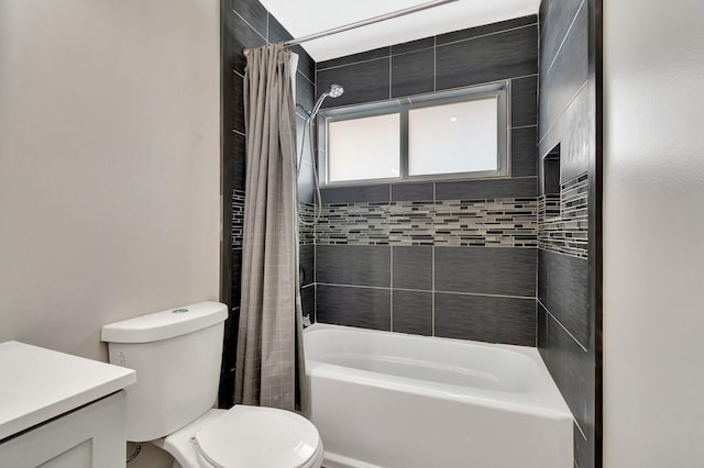 full bathroom with toilet, shower / bathtub combination with curtain, and vanity