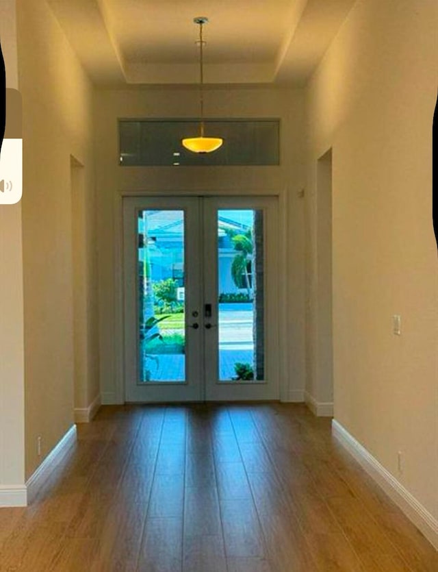 doorway to outside featuring a tray ceiling, wood finished floors, and french doors