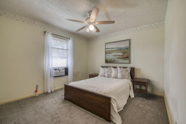 bedroom featuring carpet flooring, ceiling fan, a textured ceiling, and baseboards