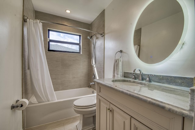 full bath featuring toilet, shower / bathtub combination with curtain, and vanity