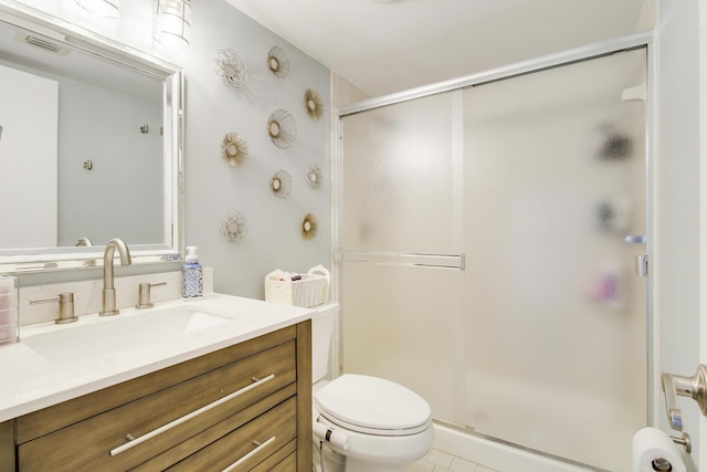 full bathroom with toilet, a stall shower, vanity, and visible vents