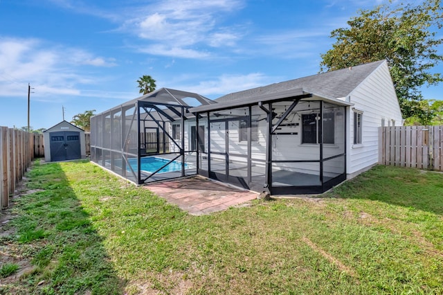 5598 Pebble Brook Ln, Boynton Beach, FL 33472 - exterior space with a storage shed, a fenced backyard, a lanai, and a fenced in pool