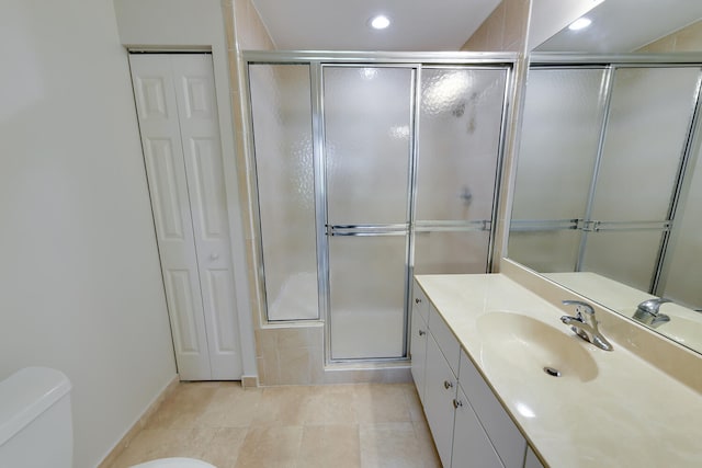 6705 Coral Lake Dr Unit 6705, Margate, FL 33063 - bathroom with toilet, vanity, a shower stall, tile patterned floors, and recessed lighting